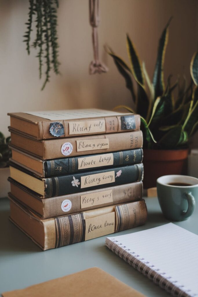 Books covered in rustic paper bags with handwritten labels stacked on a desk