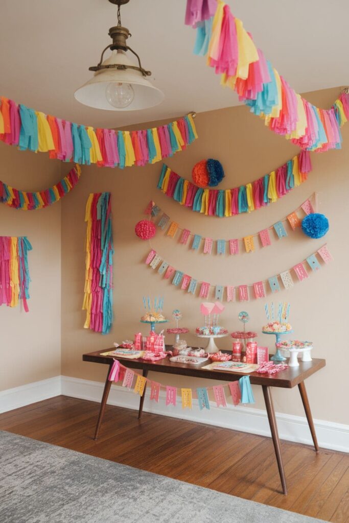 Bright paper garlands and pom-poms decorating a festive party space