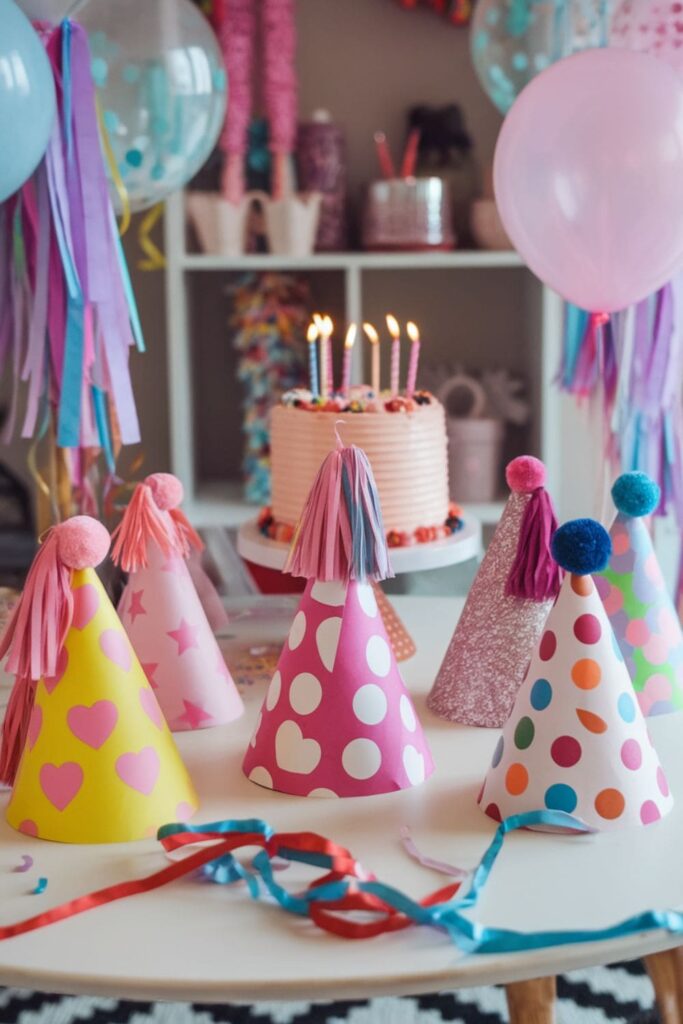 Bright paper party hats with tassels, glitter, and pom-poms