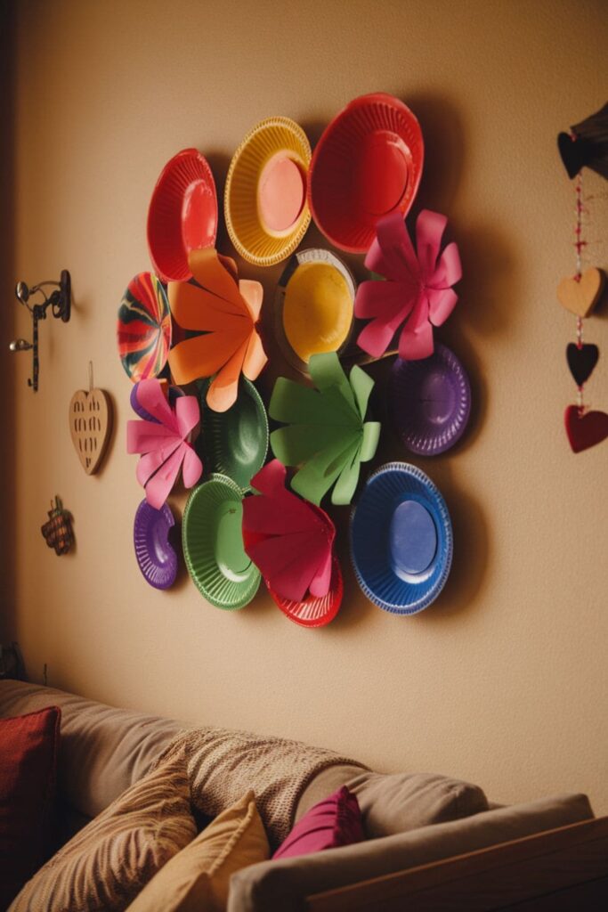 Brightly painted paper plates cut into flower shapes and layered, displayed as a decorative wall arrangement