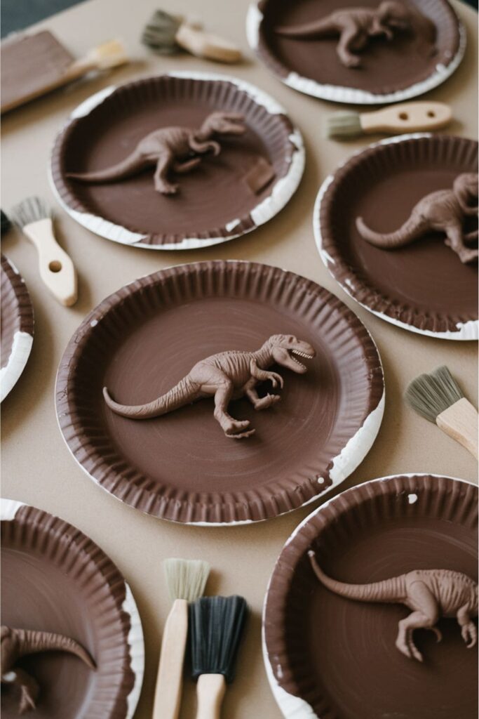 Brown-painted paper plates with dinosaur imprints made using modeling clay, displayed alongside small brushes and tools