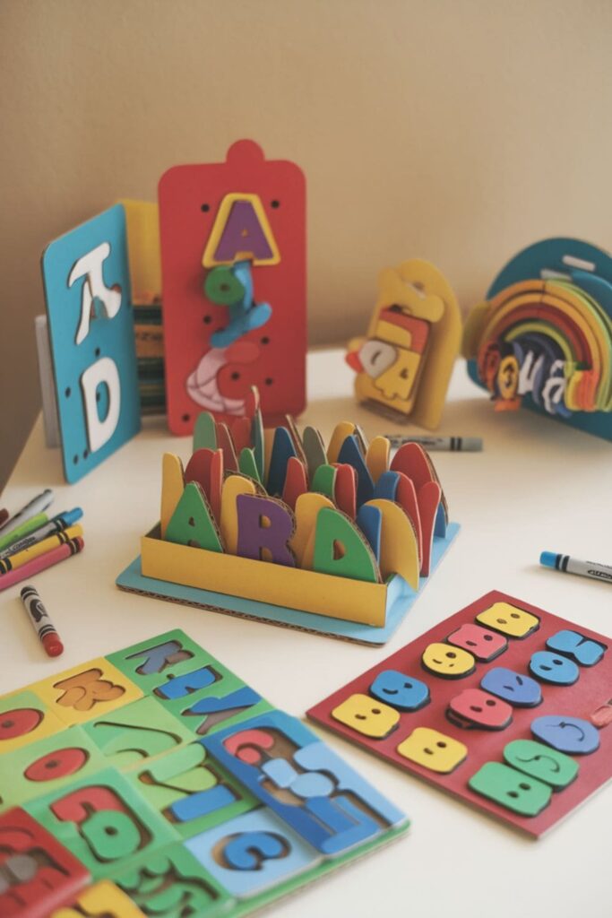 Cardboard and paper educational toys with pop-up letters and counting games