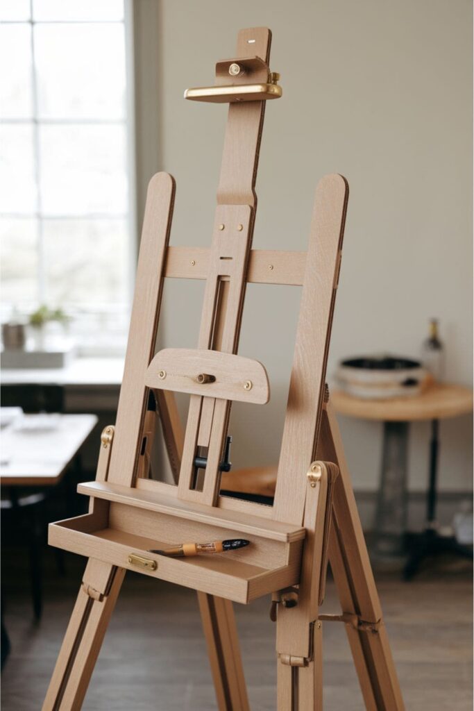 Cardboard artist’s easel with adjustable angles and wood-grain painted finish