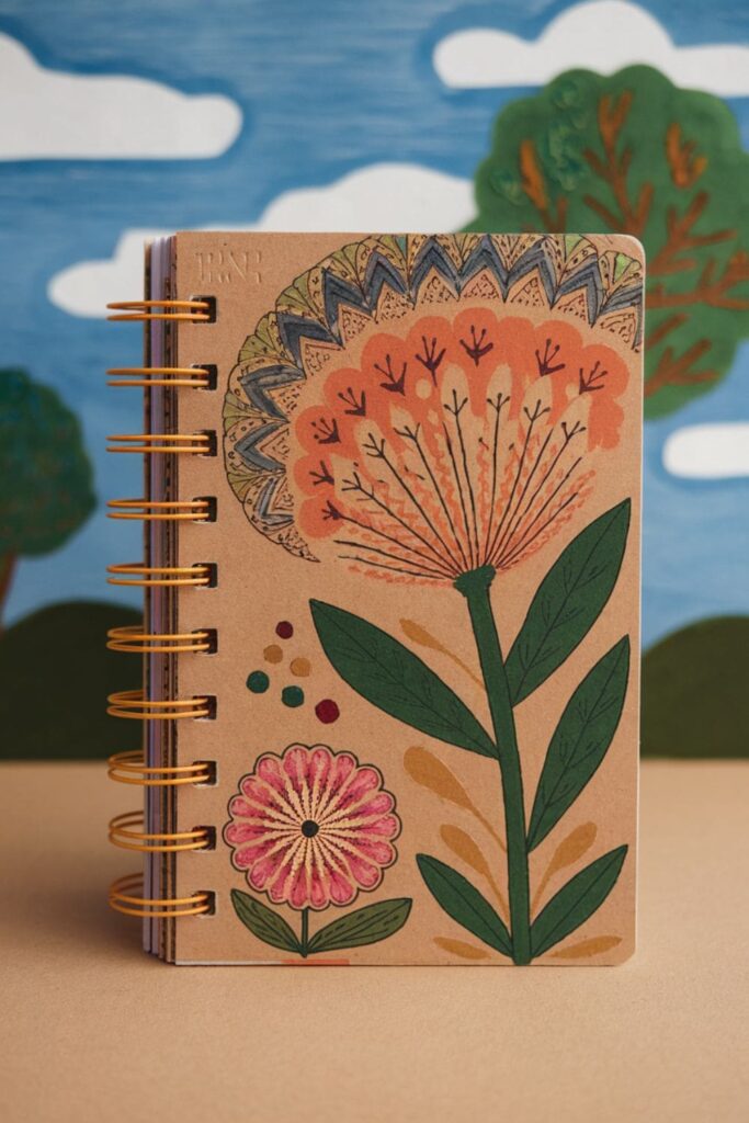 Cardboard-bound notebook with decorative spine details and colorful thread binding