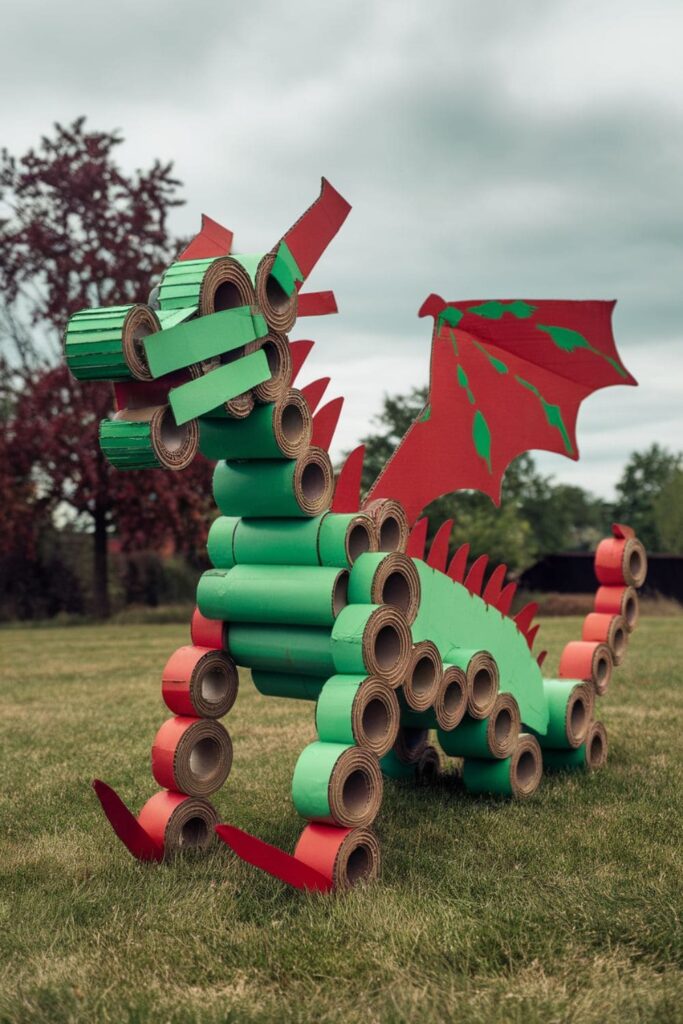 Cardboard dragon made with connected rolls, decorated with spikes, wings, and tissue paper flames, painted in bright colors