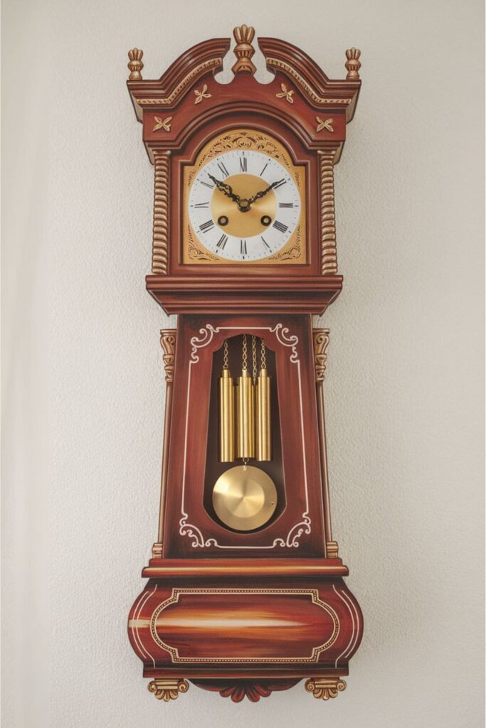 Cardboard grandfather clock with a moving pendulum and detailed wood-look paint