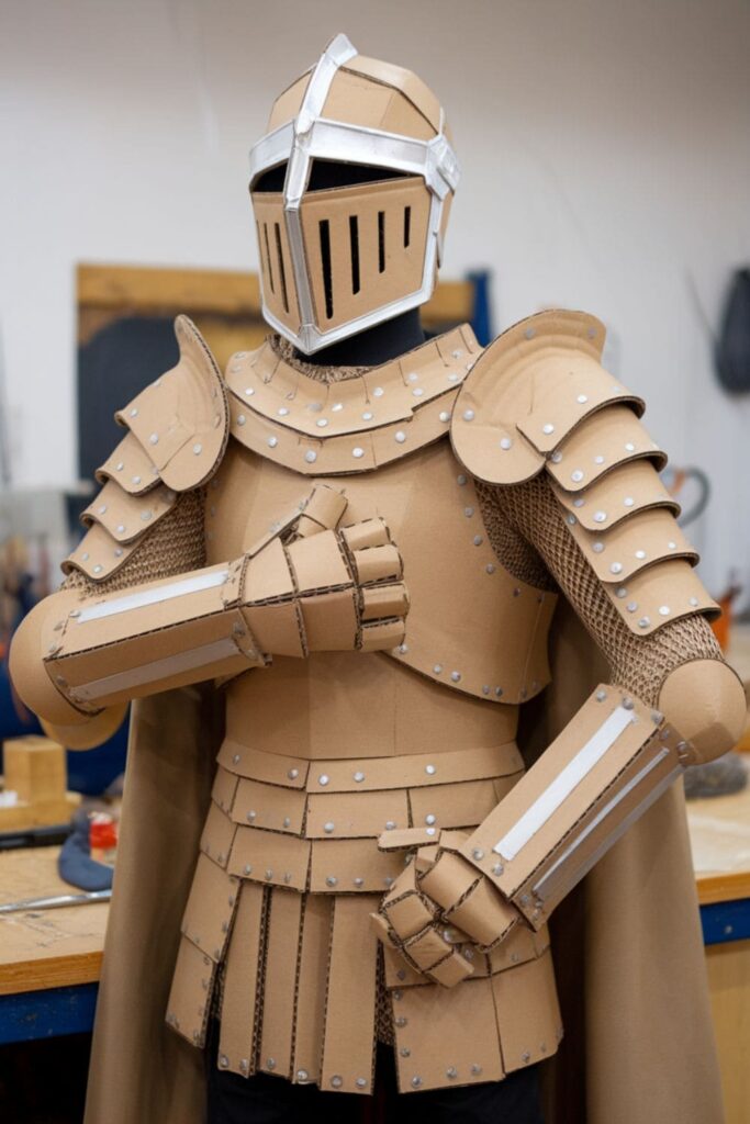 Cardboard knight’s armor with interlocking pieces and a metallic finish