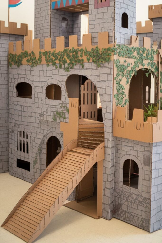 Cardboard medieval castle with towers, drawbridge, and moss-covered stone details