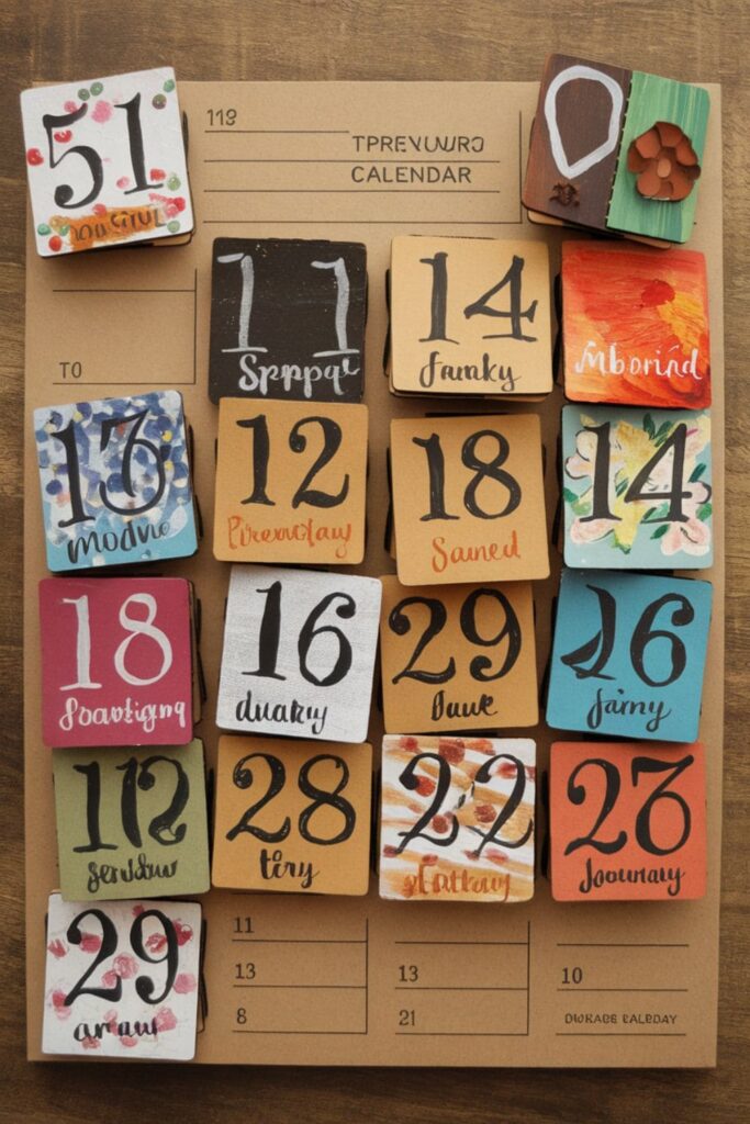 Cardboard perpetual calendar with interchangeable number cards and seasonal designs