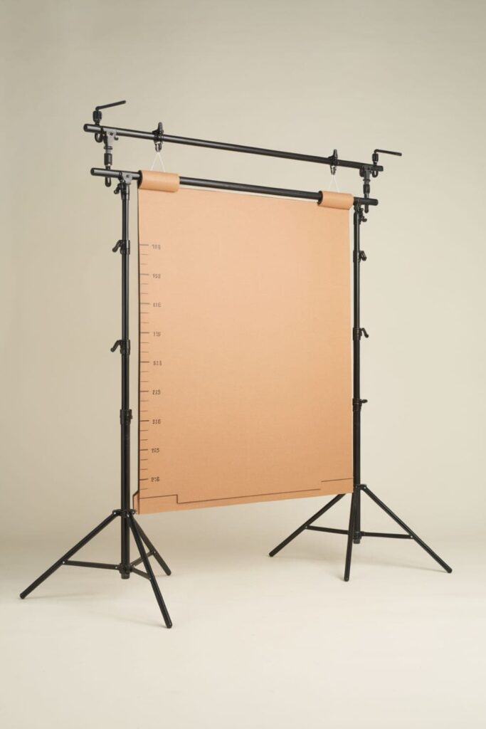 Cardboard photography backdrop stand with telescoping poles and height markers