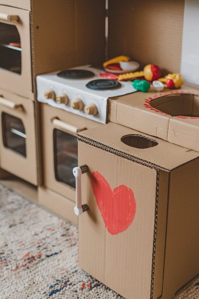 Cardboard play kitchen featuring an oven, refrigerator, and sink, painted to mimic real appliances with bottle cap knobs and toy food on the counter