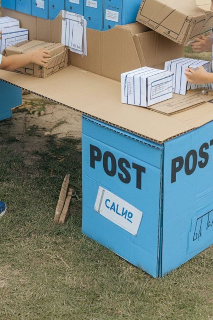 Cardboard post office with mailboxes, a sorting station, a pretend delivery truck, and children playing as mail carriers sorting and delivering packages