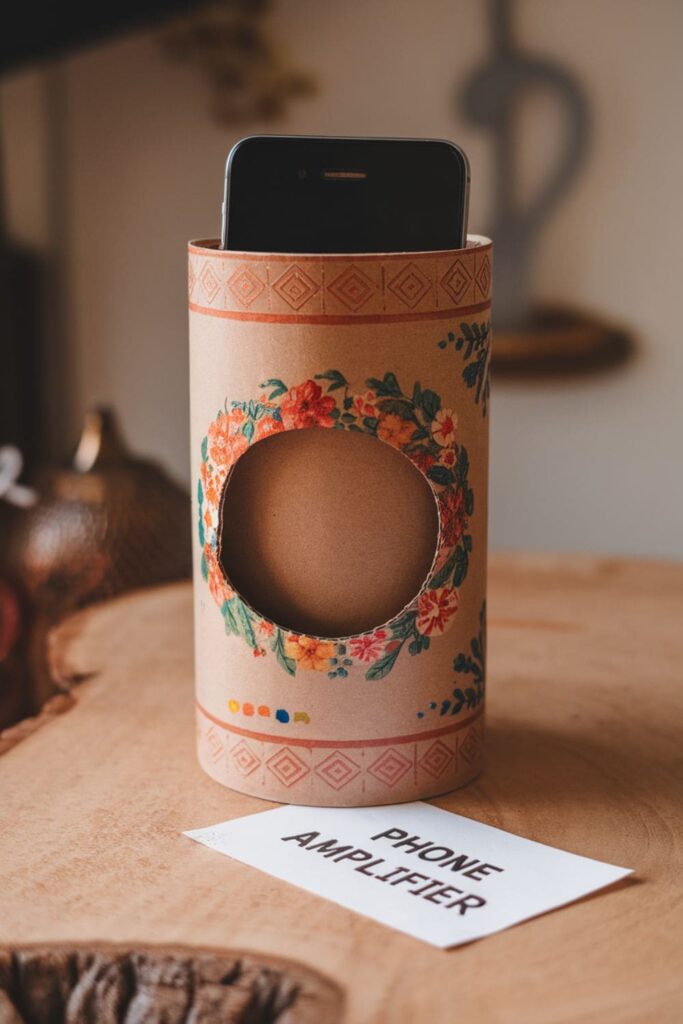 Cardboard roll transformed into a phone amplifier with a cut-out section, decorated with paint and patterns, holding a smartphone