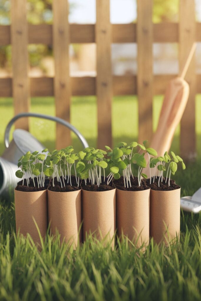 Cardboard rolls cut into biodegradable seedling starters, filled with soil and sprouting plants in a garden setting