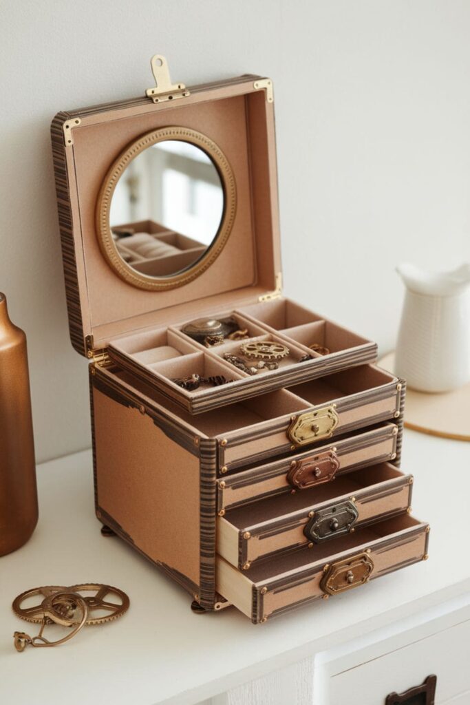 Cardboard steampunk jewelry box with turning gears and metallic copper accents