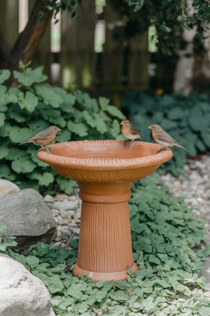 Clay bird bath with a textured bowl and pedestal in a garden