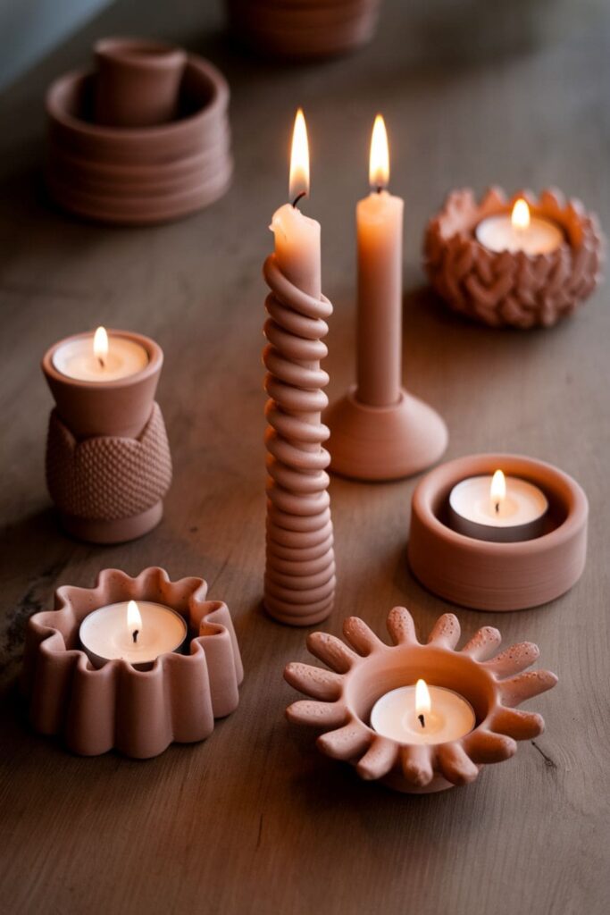 Clay candle holders with carved patterns holding lit candles