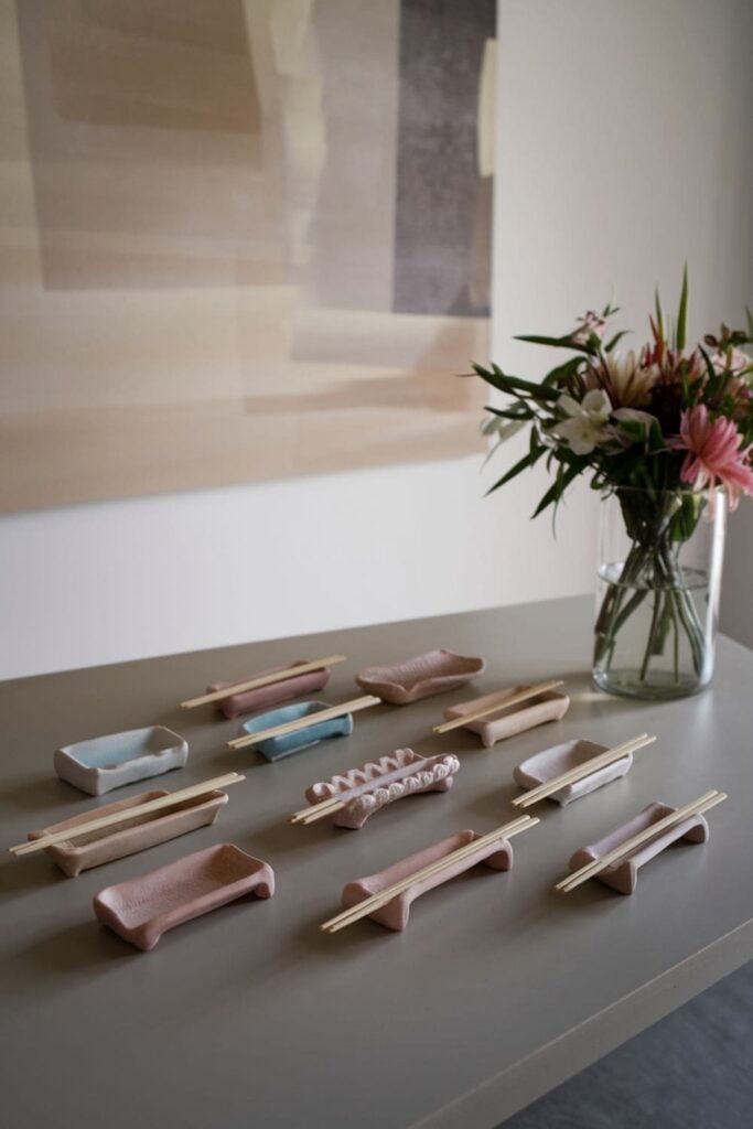 Clay chopstick rests with geometric and nature-inspired designs