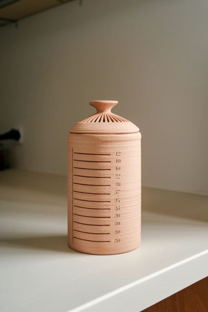 Clay container with markings and a vented lid for sourdough starter