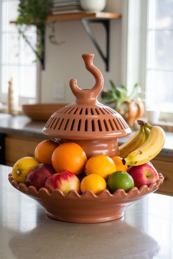 Clay fruit bowl with ventilation holes and a banana hook