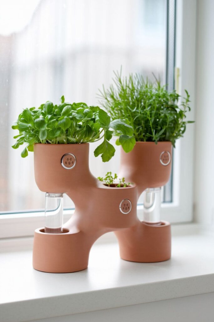 Clay herb planter with growing chambers and water-level indicators