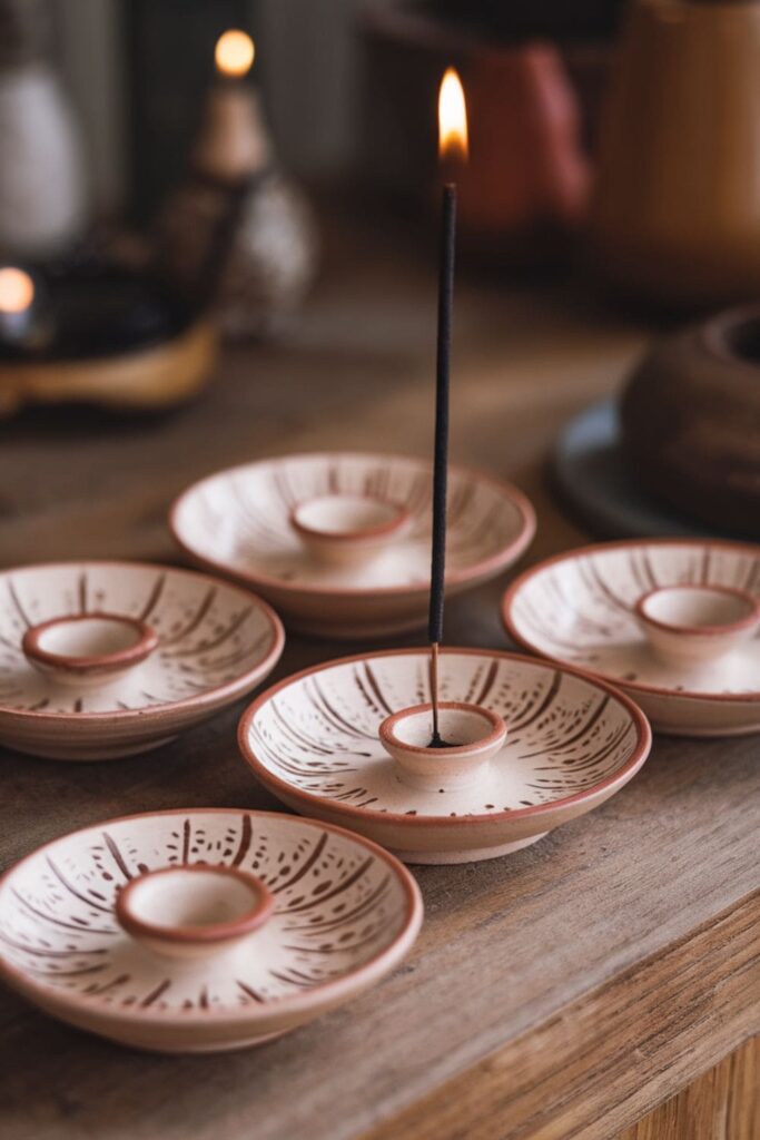 Clay incense holders with patterns and earthy tones