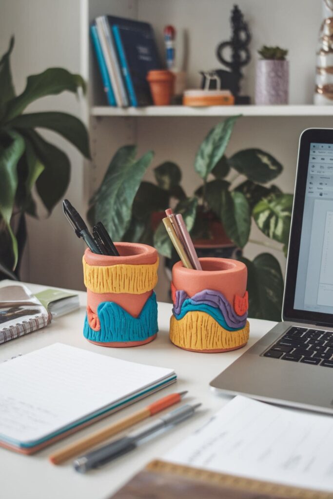 Clay pen holders with fun designs on a desk