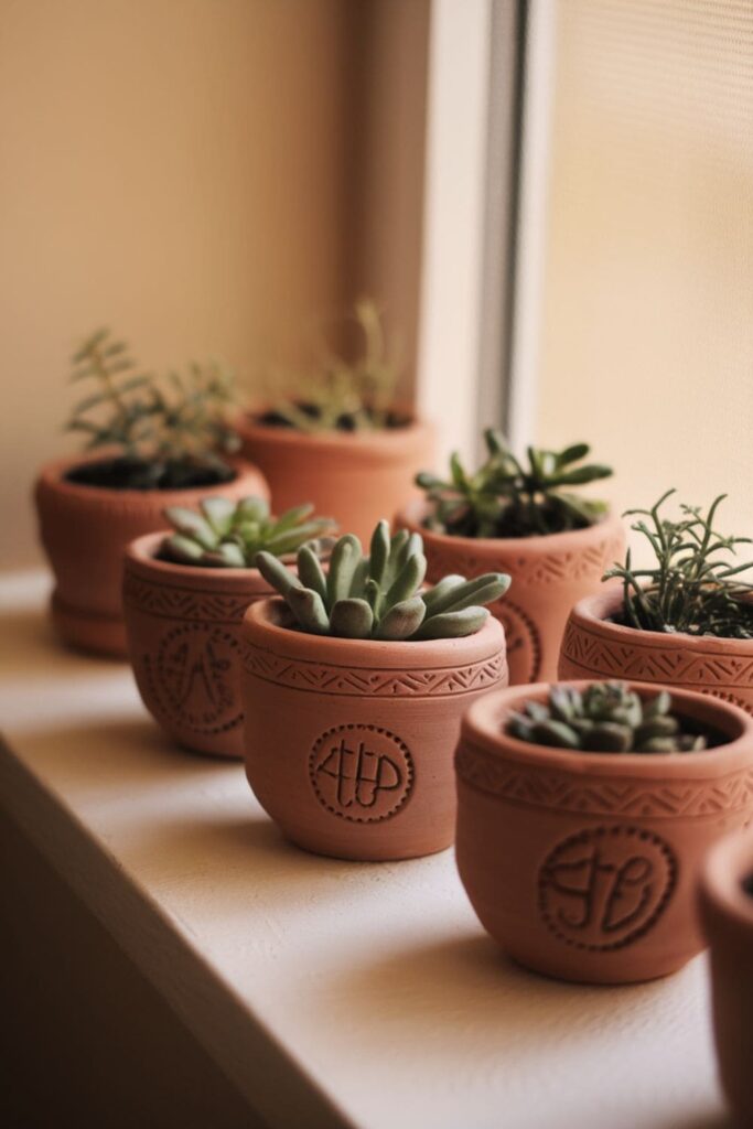 Clay plant pots with carved designs on a windowsill