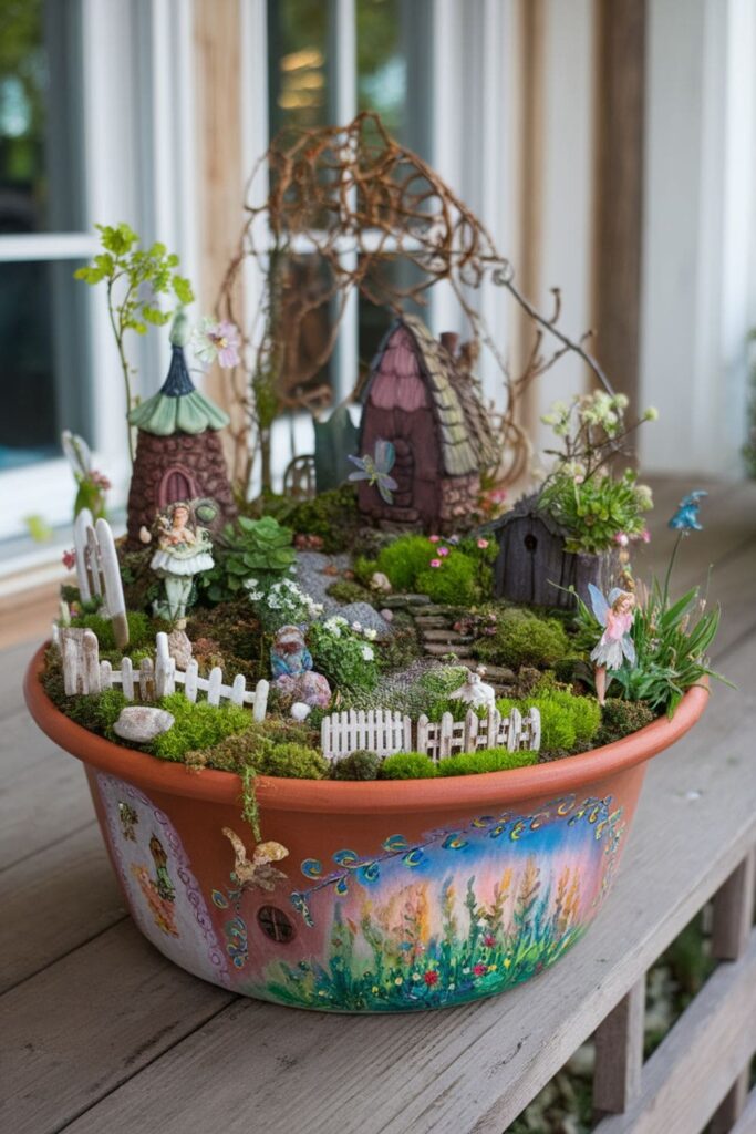 Clay pot fairy garden with moss, plants, and tiny figurines