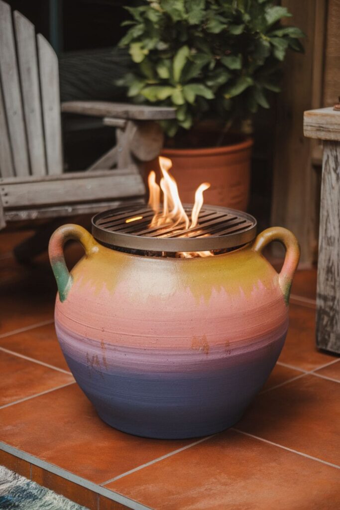 Clay pot fire pit with gradient paint and glowing flames on a patio