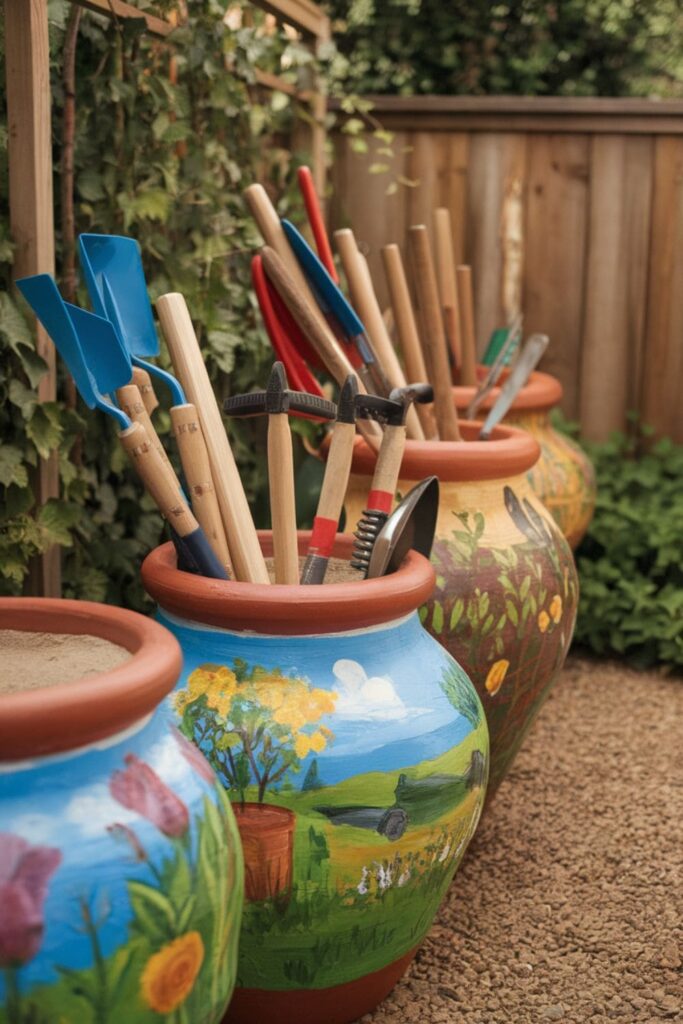 Clay pots with garden scenes holding tools upright in sand