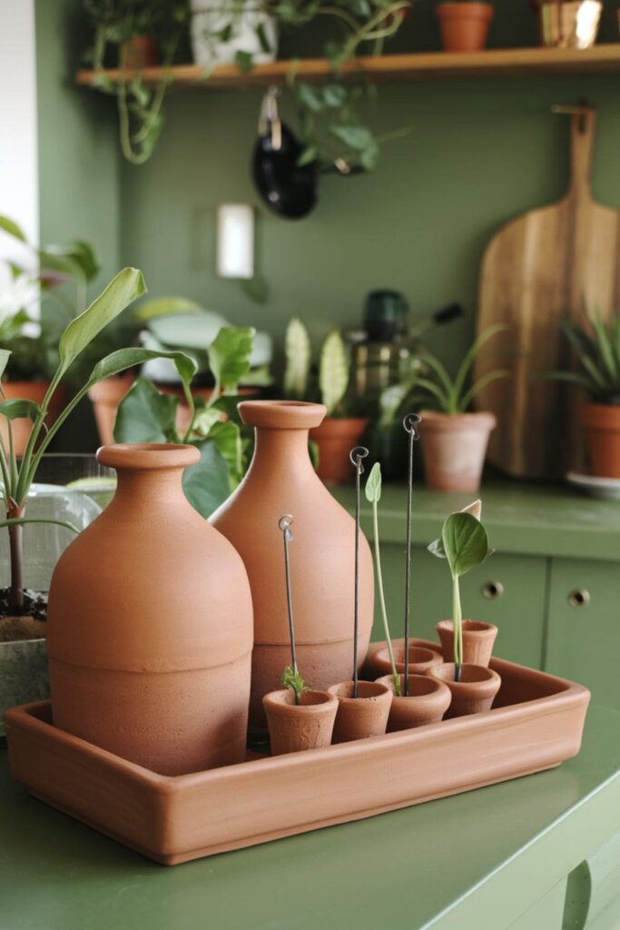 Clay propagation station with water-filled vessels for cuttings