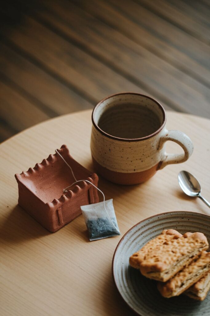 Clay tea bag holders with raised edges and string notches