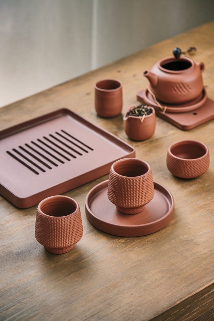 Clay tea set with textured cups, a teapot rest, and a drainage tray