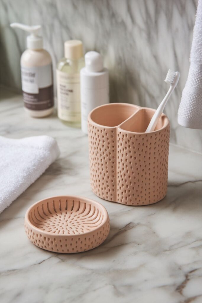 Clay toothbrush holder with sections and drainage holes