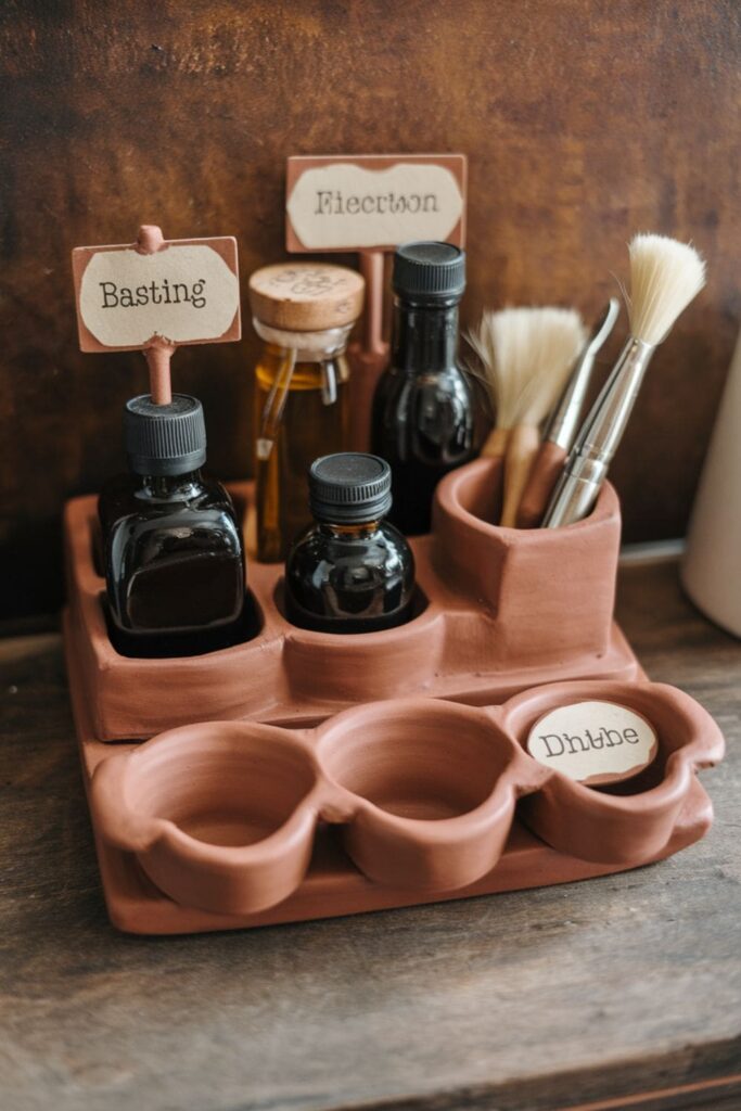 Clay tray with raised edges, bottle holders, and a brush slot