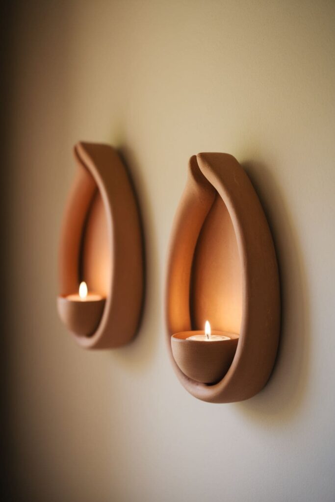 Clay wall sconces holding candles on a neutral wall