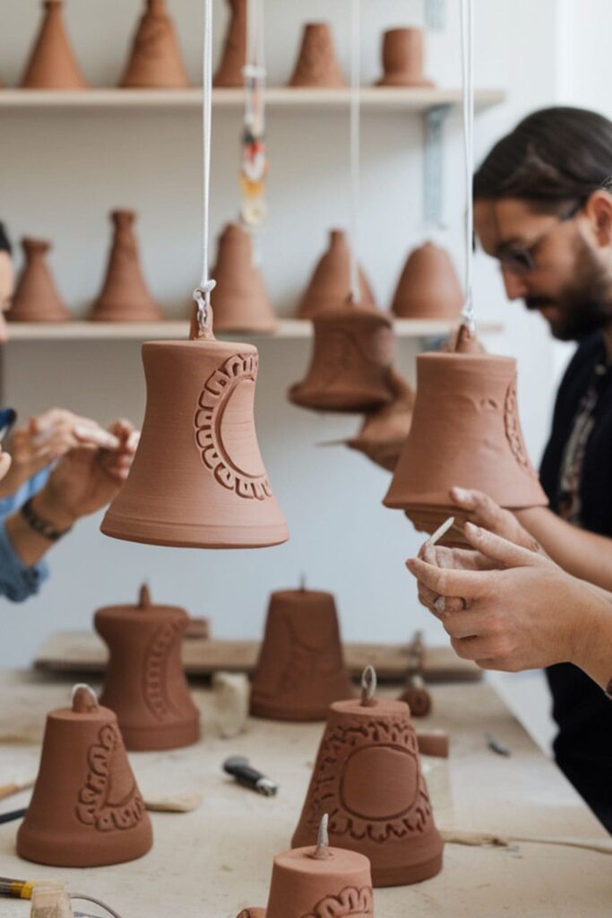 Clay wind bells being sculpted and decorated with patterns