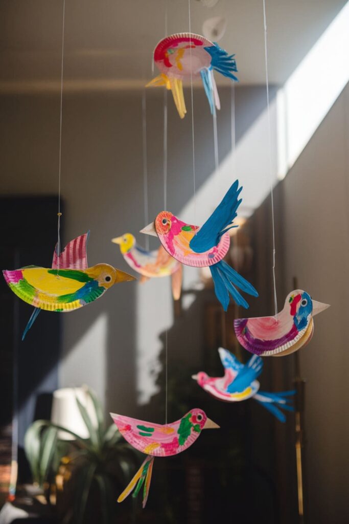 Colorful bird shapes cut from paper plates