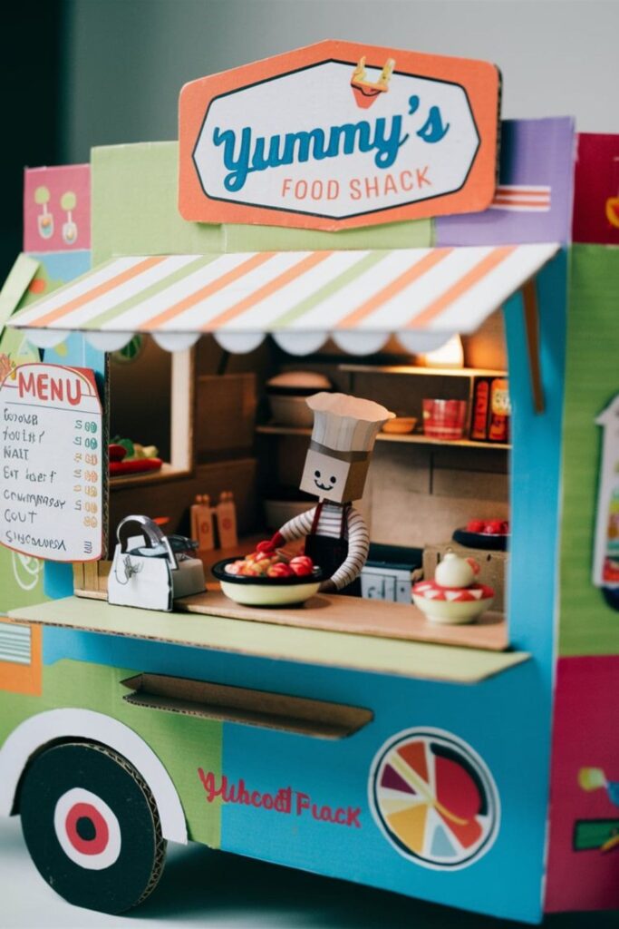 Colorful cardboard food truck with a serving window, menu board, pretend kitchen inside, and kids pretending to serve food to customers