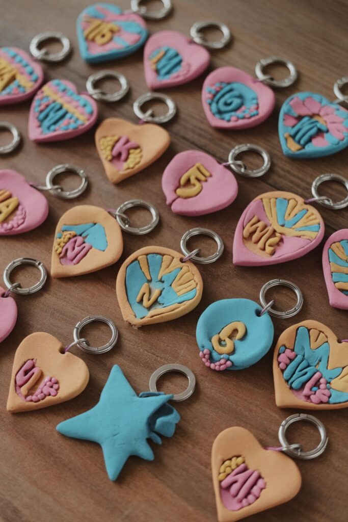 Colorful clay keychains in fun shapes on a wooden surface