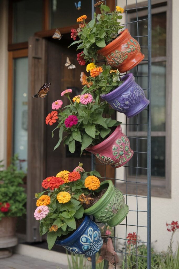 Colorful clay pots on a trellis with butterfly-attracting flowers