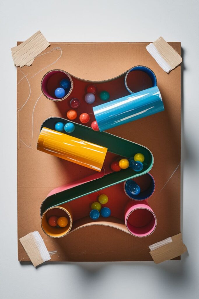 Colorful marble run created from cardboard rolls, featuring angled paths and loops, taped to a large backing with marbles in motion