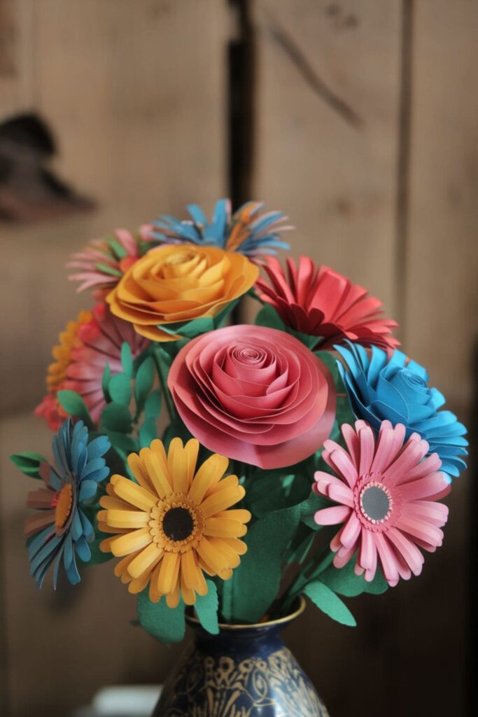 Colorful paper flower bouquet in a vase with lifelike petals and leaves