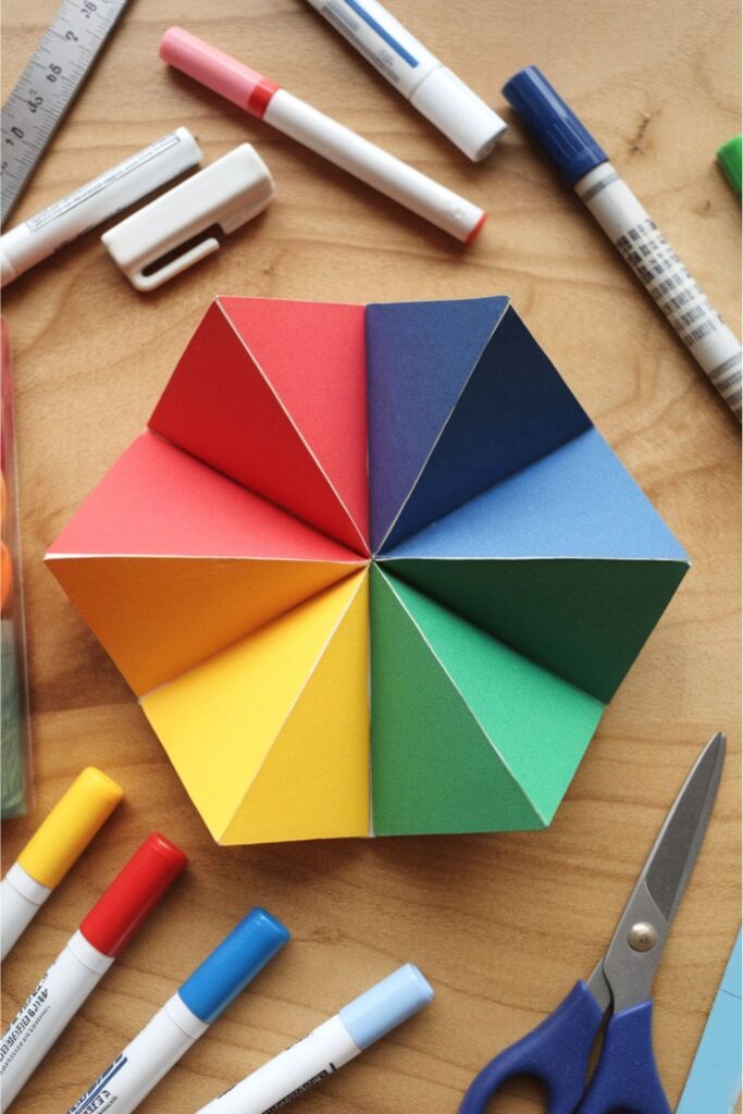 Colorful paper fortune teller (cootie catcher) folded into its classic shape, surrounded by markers and other craft supplies