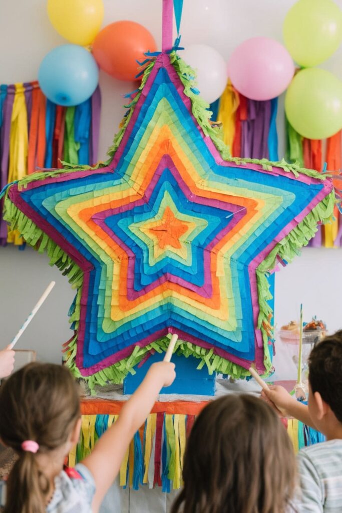 Colorful paper piñata with fringed layers in a star shape