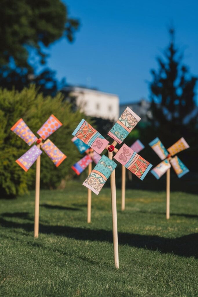 Colorful paper windmills spinning in a sunny garden