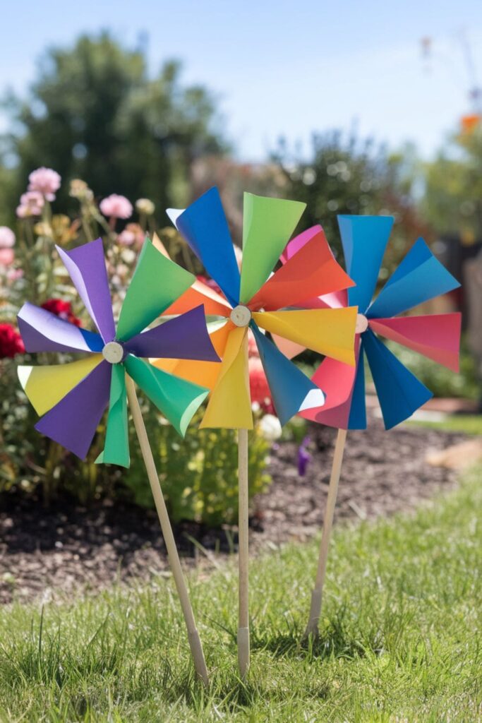 Colorful paper windmills spinning in an outdoor garden