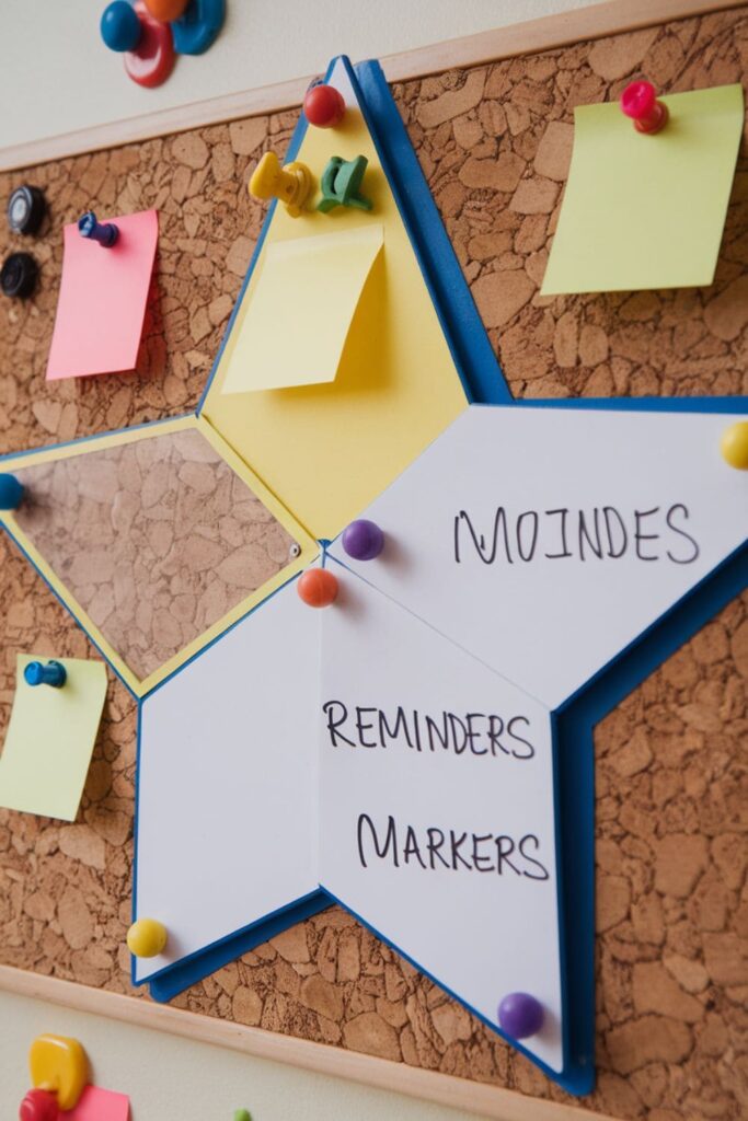 Colorful star-shaped message board with notes and pushpins