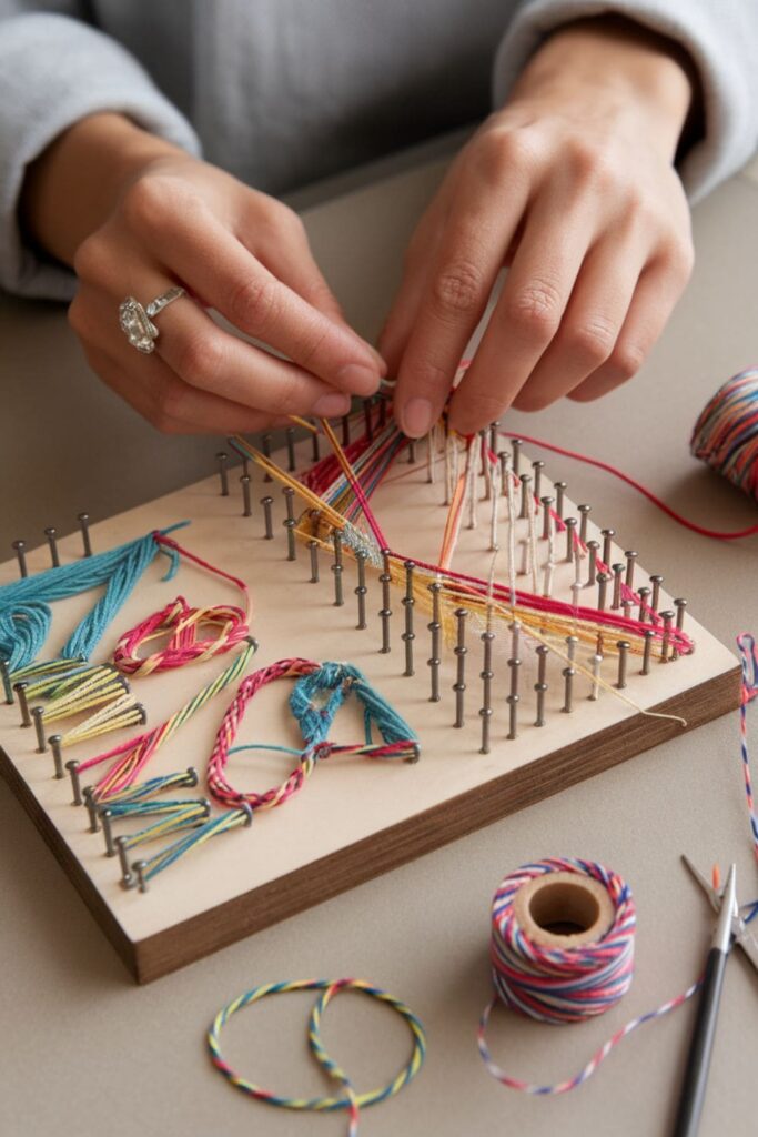 Colorful string art being made on a wooden board with nails